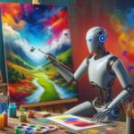 カンバスに向かって絵を描いているロボット